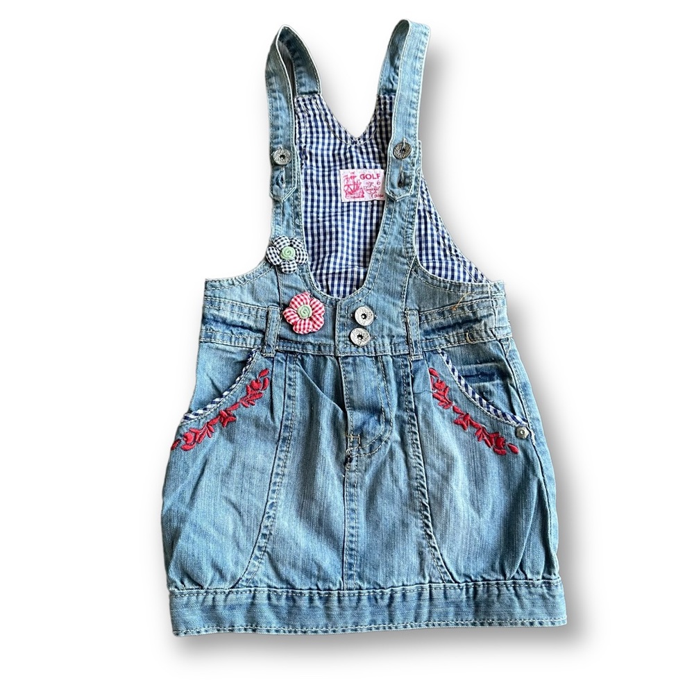 Vintage Girls Blue Denim Patchwork Appliqué Overall Dress Sz 6 Girls Kidcore Y2K